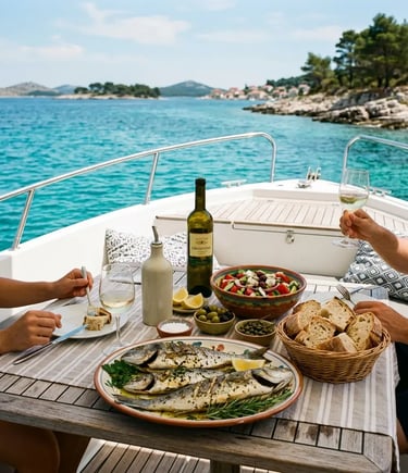 Fresh fish and wine lunch served on private boat deck with Adriatic Sea view