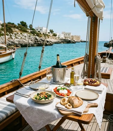 Regional Apulian lunch with sparkling wine served on wooden boat deck near Monopoli