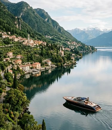 Private luxury boat cruising the eastern shoreline of Lake Como near Nesso