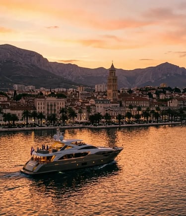 Luxury yacht returning to Split waterfront at golden hour past Diocletian's Palace tower