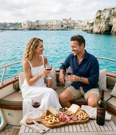 Friselle with tomatoes, aged cheese and red wine on wooden board aboard moving boat in Puglia