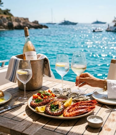 Luxury seafood lunch and wine on a yacht deck over the turquoise Adriatic Sea