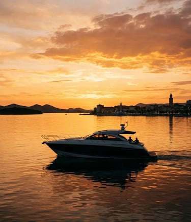 Luxury speedboat returning to Split at sunset, Adriatic sea luxury travel 