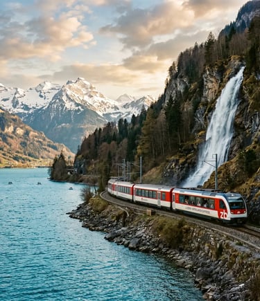 Luzern–Interlaken Express beside alpine lake with waterfall and snowy peaks in background