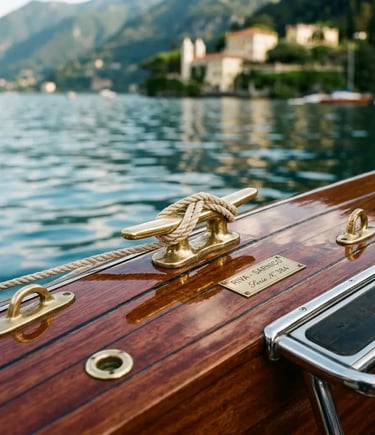 Riva Sarnico brass cleat and mahogany deck detail on historic wooden boat Lake Como