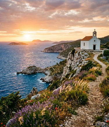 White chapel on Vis Island cliffs at sunset, Mamma Mia filming location in Croatia