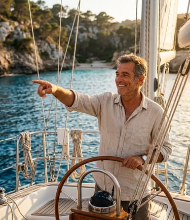 Skipper Carlos pointing toward hidden cove during private boat trip in Menorca