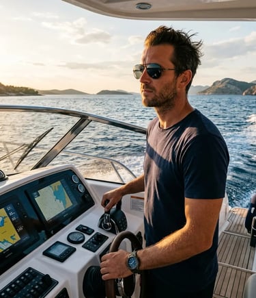 Captain Josip at the helm of the Alesta Marine Raptor 37 on the Adriatic Sea