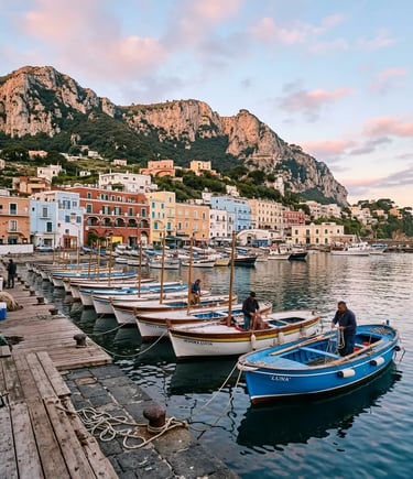 Marina Grande harbour Capri at dawn with traditional gozzo boats and local skippers preparing