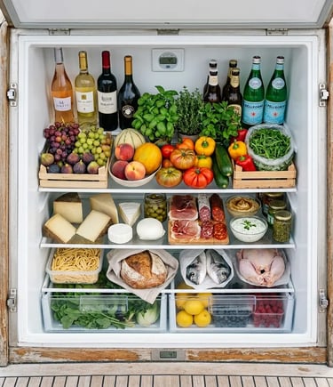 Fully stocked 240-liter marine refrigerator with fresh Mediterranean provisions