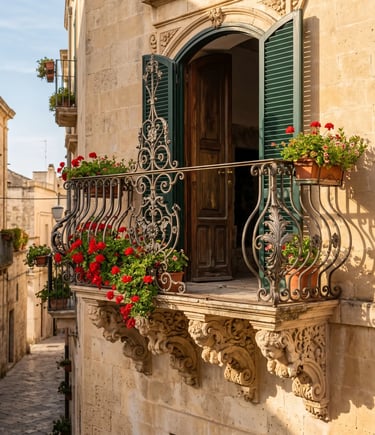 Baroque balcony with red geraniums in Martina Franca historic centre Valle d'Itria Puglia