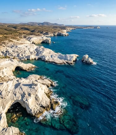 Aerial view of Milos white rock coastline and turquoise Aegean waters from helicopter