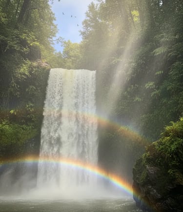 Majestic Shiraito Falls with a double rainbow and lush green forest.