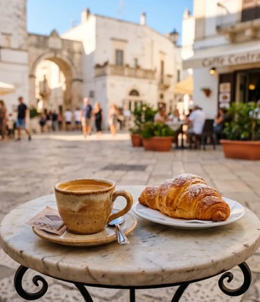 Espresso cup and croissant on marble café table in sunny Monopoli piazza Puglia Italy