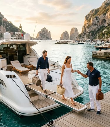 Couple boarding private yacht at Marina Piccola Capri assisted by skipper