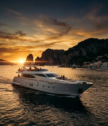 Luxury yacht cruising past Capri Faraglioni cliffs at sunset with golden Mediterranean sky