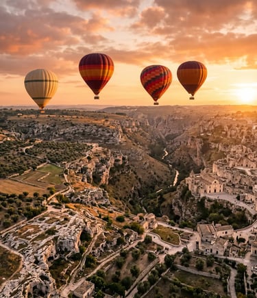 Four hot air balloons flying over the Sassi di Matera at sunrise in South Italy