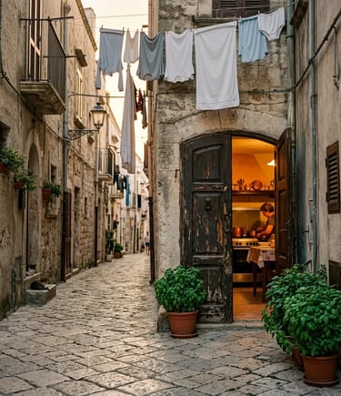 Charming Bari Vecchia alleyway with open door revealing a warm glowing kitchen inside