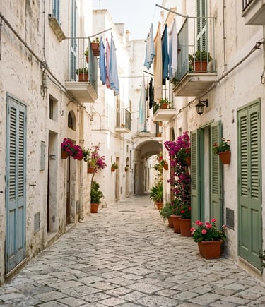 Narrow whitewashed alley in Monopoli with green shutters, bougainvillea flowers and hanging laundry