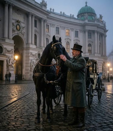Coachman in top hat tending to a black horse in front of Hofburg Palace on a foggy Vienna morning, cobblestone square