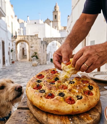 Hands tearing fresh focaccia barese in Ostuni white city alley with curious dog watching