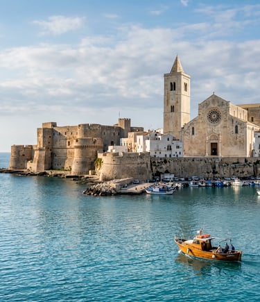 Otranto historic skyline with Aragonese Castle and Cathedral viewed from the Adriatic Sea, Apulia