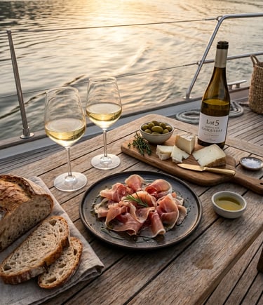 Cured Portuguese ham, goat cheese and Lot5 Quinta das Chaquedas white wine on luxury yacht deck