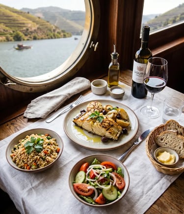 Grilled cod lunch with Douro Valley wine served onboard river cruise boat with porthole view