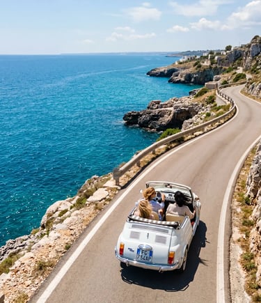 Aerial view of Fiat 500 Spiaggina small-group tour on scenic Puglia coast road by turquoise sea