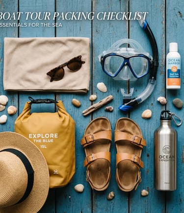 Flat lay of boat tour essentials: towel, snorkel mask, sunscreen, dry bag, sandals, hat, water bottle.