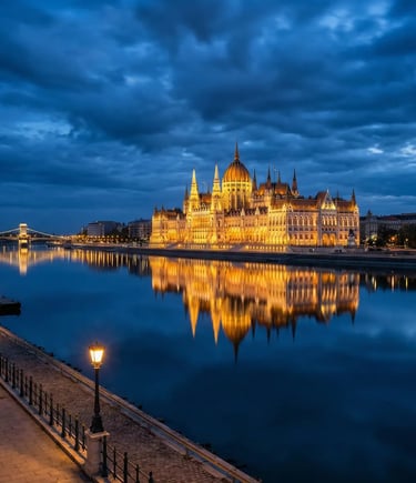 Illuminated Budapest Parliament reflected in calm Danube River at night