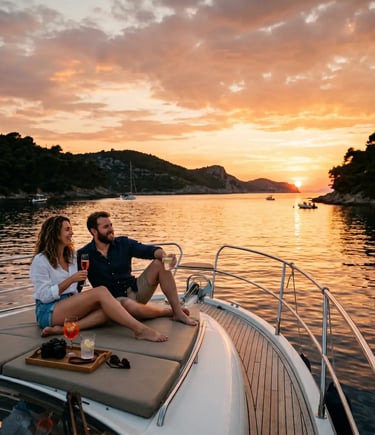 Couple with drinks on private boat bow watching golden sunset over Pakleni Islands Croatia