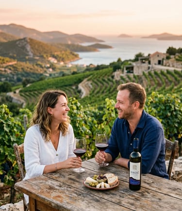Romantic couple tasting Dingač red wine at sunset in Pelješac vineyard overlooking Adriatic Sea