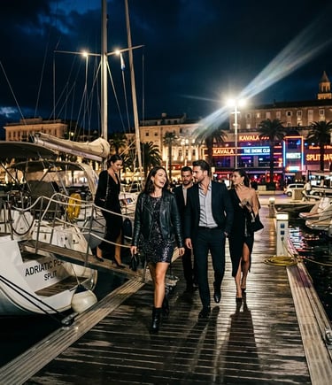 Stylish VIP group stepping off sailboat onto Split marina dock heading to nightclub