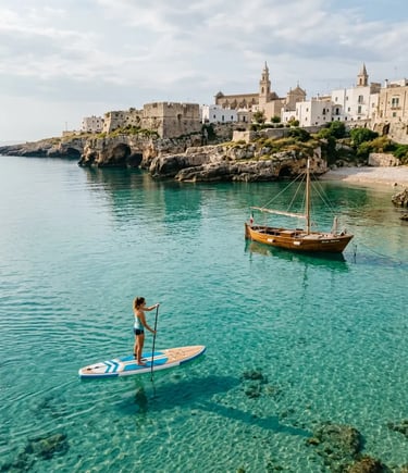 Woman on SUP paddleboard gliding over crystal-clear water near Monopoli coast Puglia