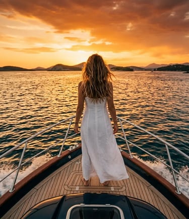 Woman on speedboat bow at sunset during a Pakleni Islands luxury cruise near Hvar