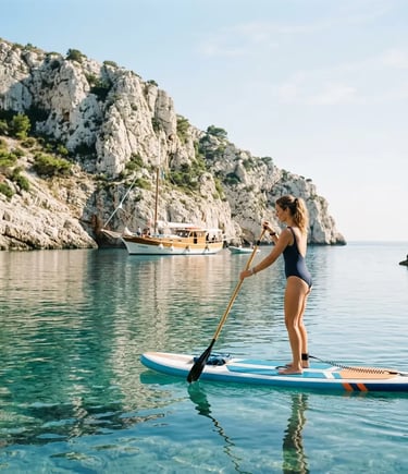 Woman paddleboarding on calm Adriatic water near limestone cliffs during Puglia boat tour