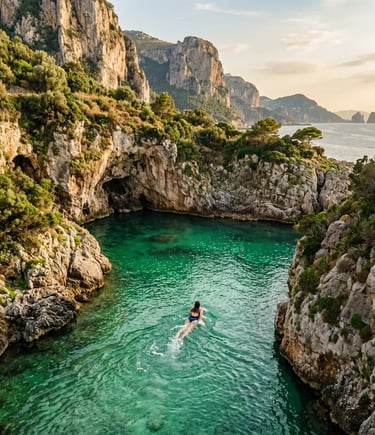 Woman swimming alone in hidden emerald cove surrounded by dramatic Capri limestone cliffs