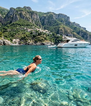Woman swimming in crystal clear turquoise water near anchored yacht at Nerano Bay