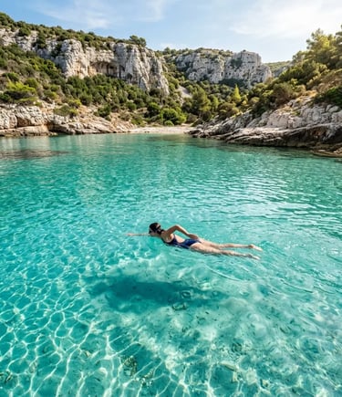 Woman swimming in turquoise water at secluded Croatian island cove