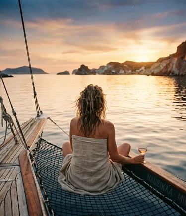 Woman wrapped in towel sipping wine at sunset on catamaran bow off Milos coast