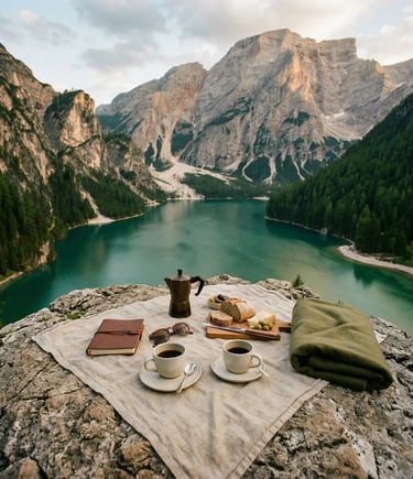 Luxury picnic setup on rocky cliff overlooking emerald Lake Braies at sunrise