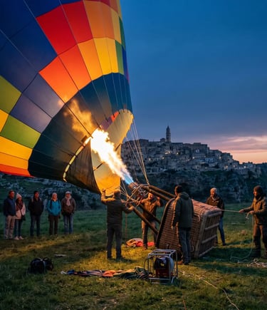 Crew inflating colorful hot air balloon at dawn near Matera sassi with tourists watching, Italy.