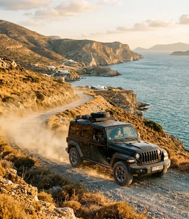 Black Jeep Wrangler driving dusty coastal road at golden hour in Milos Greece