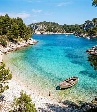 Turquoise lagoon with wooden boat near Hvar on Mamma Mia and 5 islands tour route