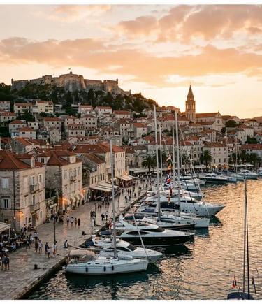 Hvar Town harbor at sunset with Spanish Fortress, bell tower and luxury yachts on the Dalmatian coast