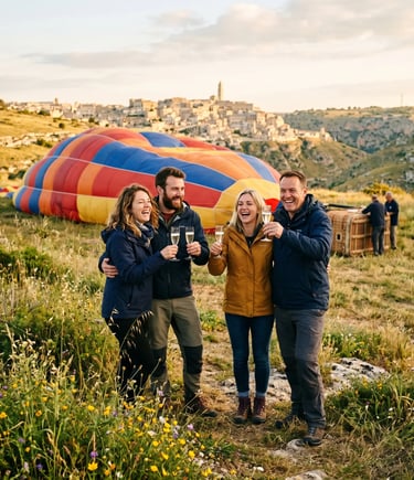 Four happy travelers toasting prosecco after hot air balloon landing near Matera in South Italy