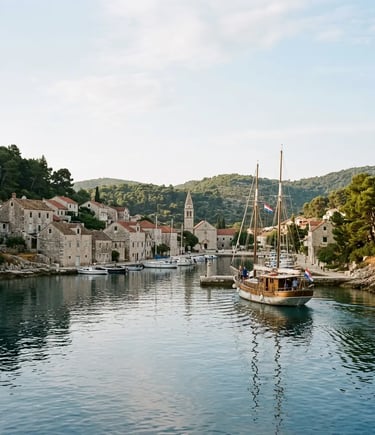 Quiet stone harbor on Šolta island with traditional Gulet at dock, Croatia