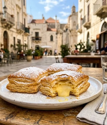 Three golden Sporcamuss pastries with custard filling on a plate at a Bari old town cafe