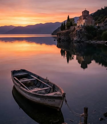 Lake Ohrid North Macedonia at sunrise, wooden Sveti Naum boat, Byzantine church on rocky shore